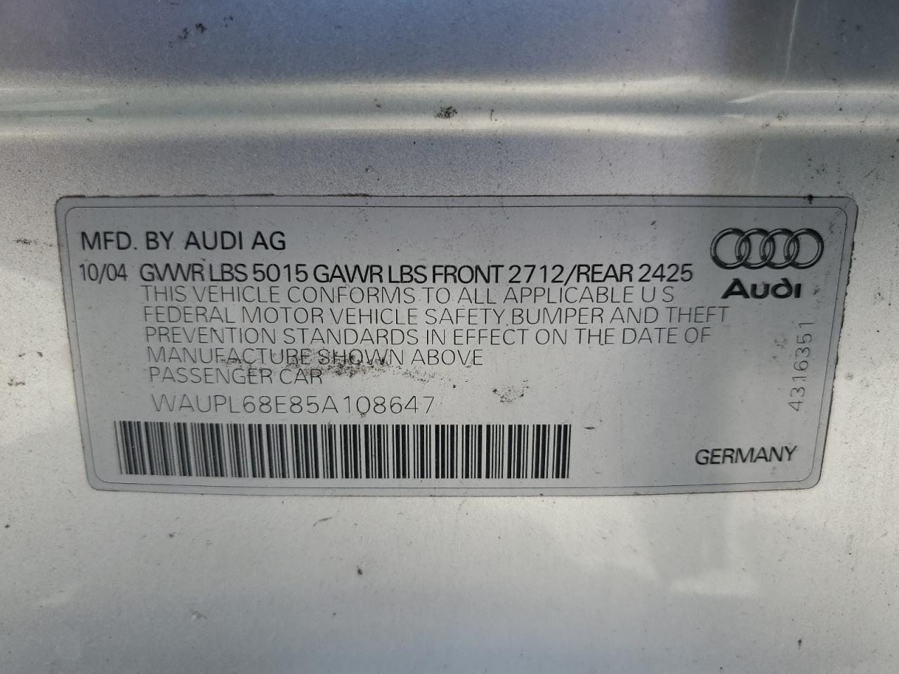 2005 Audi S4 VIN: WAUPL68E85A108647 Lot: 61308545