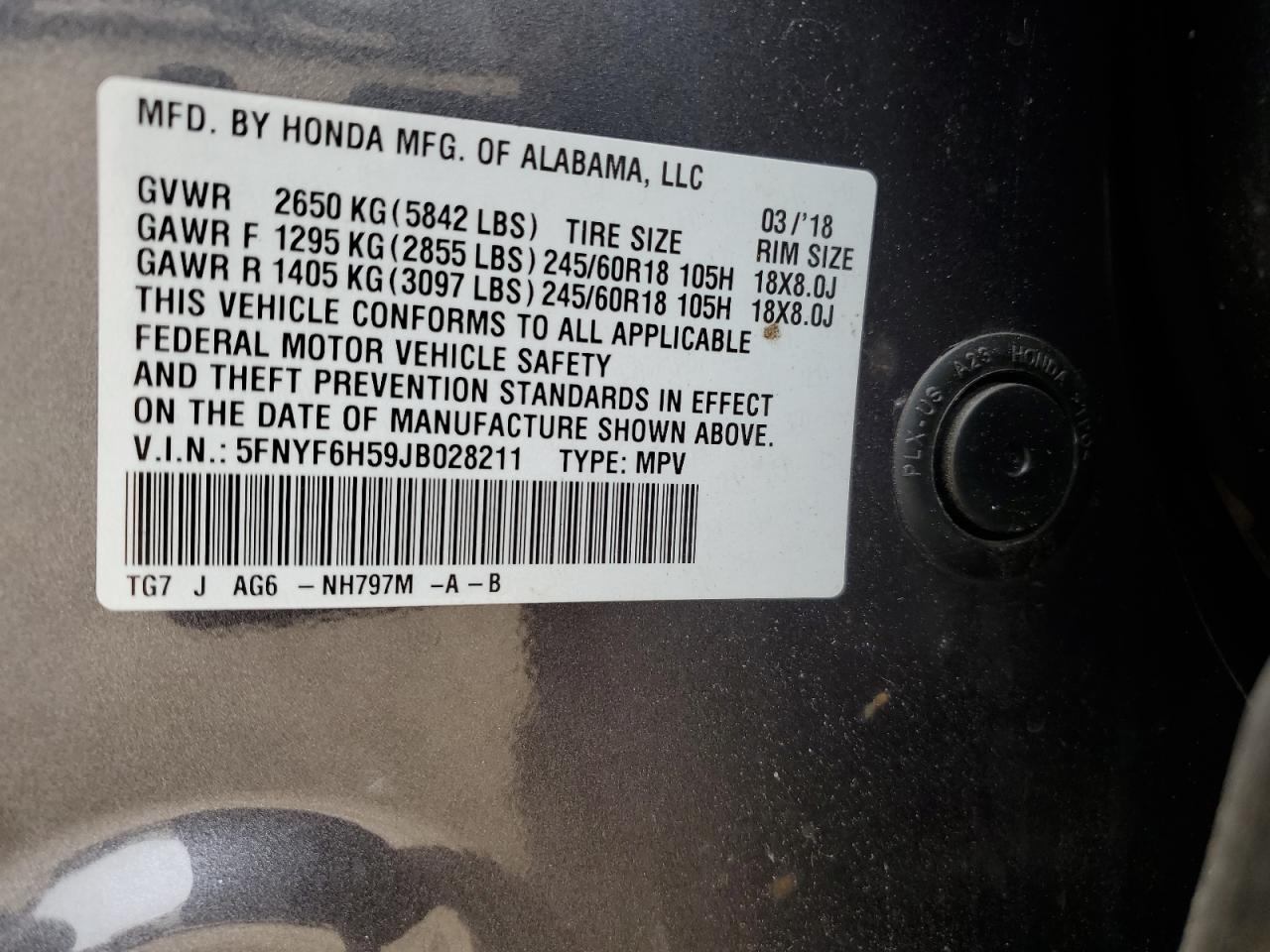 2018 Honda Pilot Exl VIN: 5FNYF6H59JB028211 Lot: 61109455