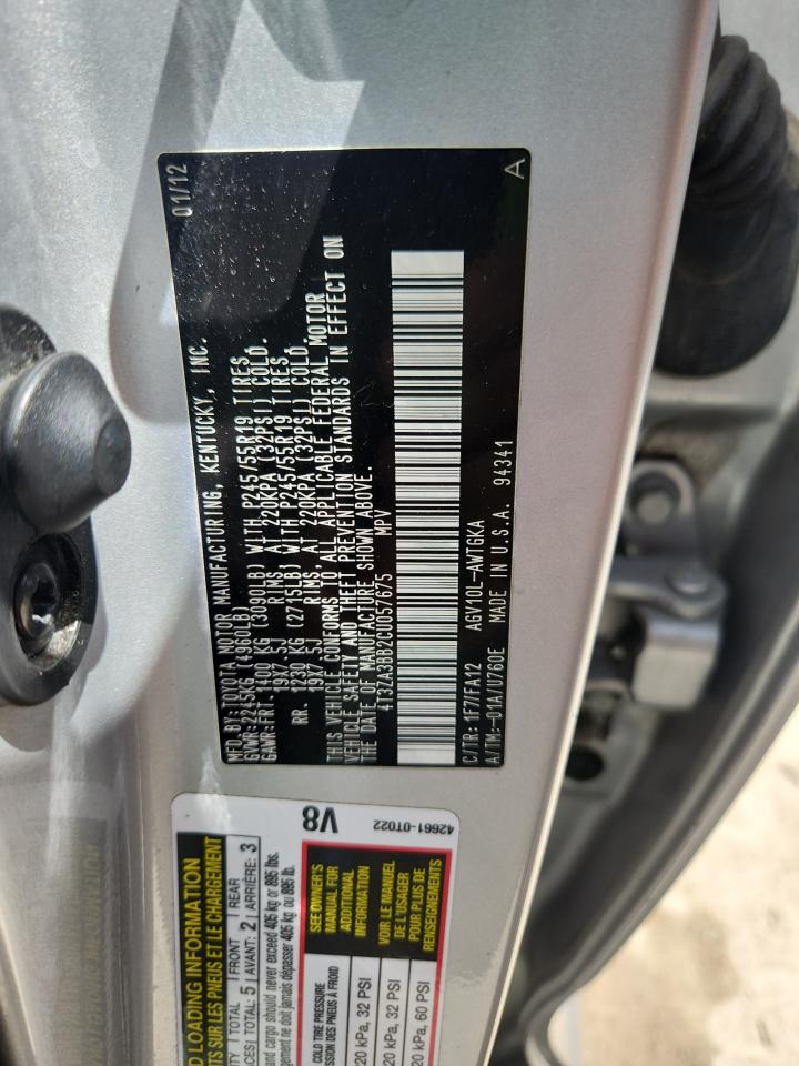 2012 Toyota Venza Le VIN: 4T3ZA3BB2CU057675 Lot: 62783665