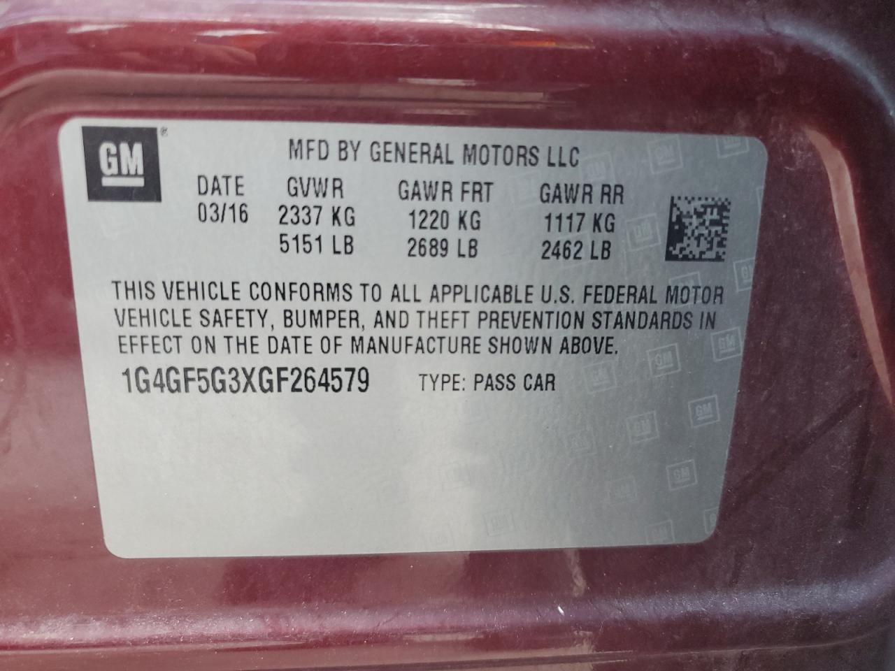 2016 Buick Lacrosse Premium VIN: 1G4GF5G3XGF264579 Lot: 62715795