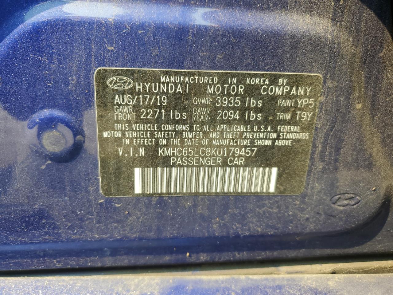 2019 Hyundai Ioniq Blue VIN: KMHC65LC8KU179457 Lot: 59497155
