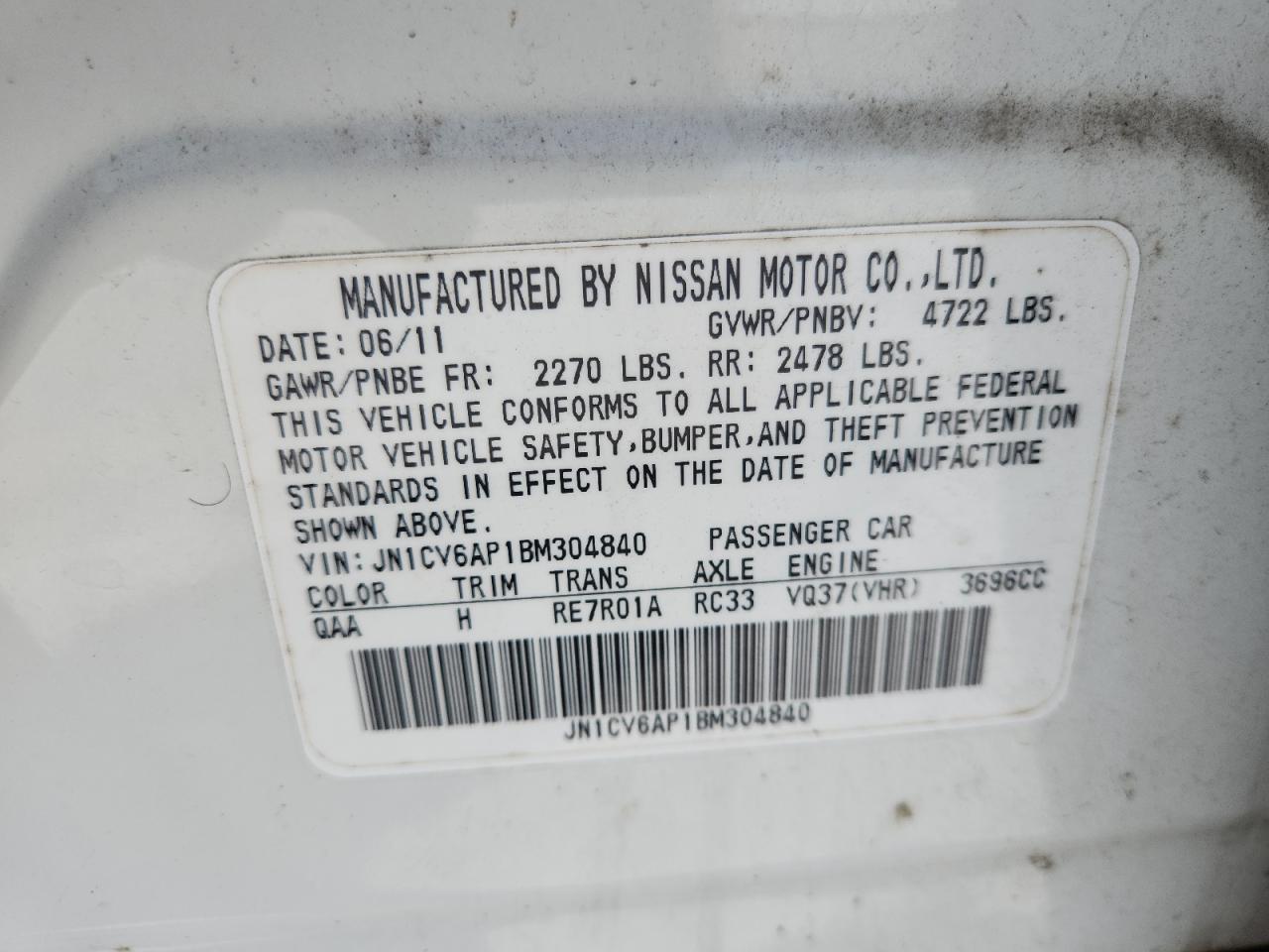2011 Infiniti G37 Base VIN: JN1CV6AP1BM304840 Lot: 61788625