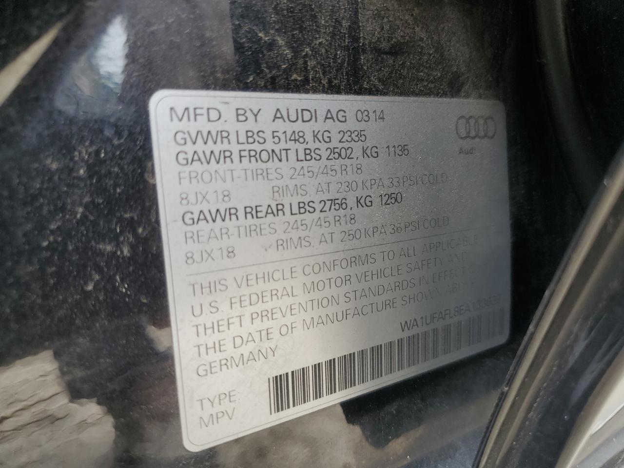2014 Audi A4 Allroad Premium Plus VIN: WA1UFAFL8EA133639 Lot: 62662345