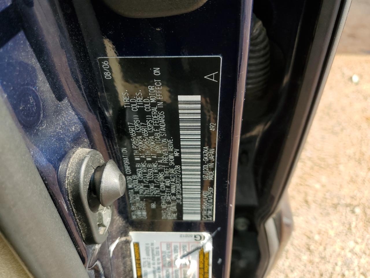 2007 Lexus Gx 470 VIN: JTJBT20X870127238 Lot: 62675845