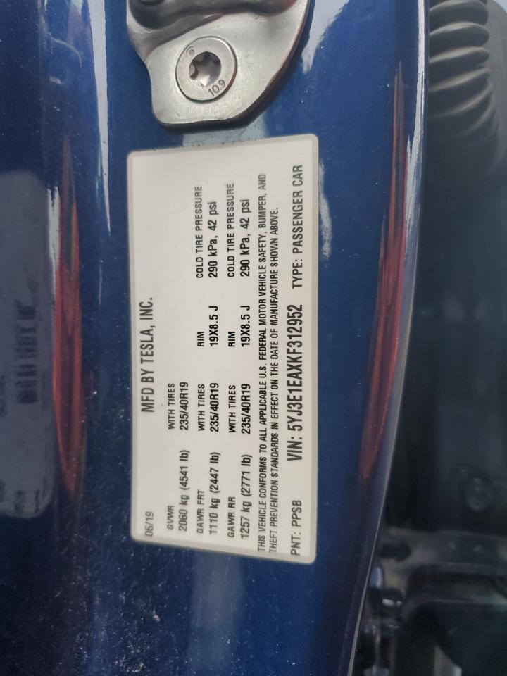 2019 Tesla Model 3 VIN: 5YJ3E1EAXKF312952 Lot: 61194825