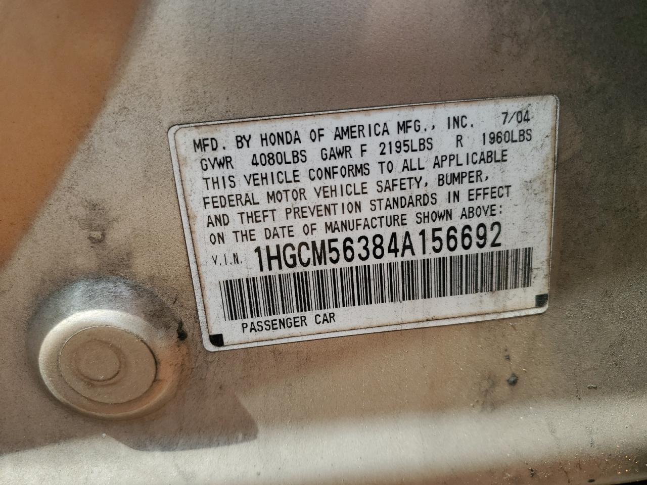 2004 Honda Accord Lx VIN: 1HGCM56384A156692 Lot: 61285995