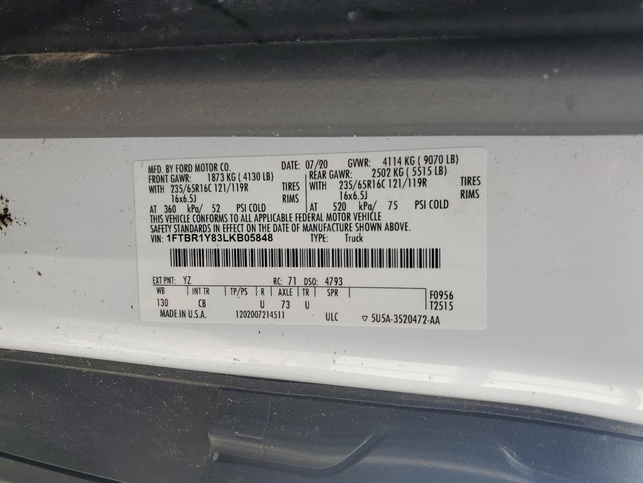 2020 Ford Transit T-250 VIN: 1FTBR1Y83LKB05848 Lot: 58439075