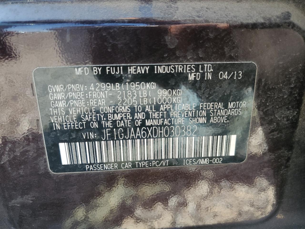 2013 Subaru Impreza VIN: JF1GJAA6XDH030382 Lot: 62605225