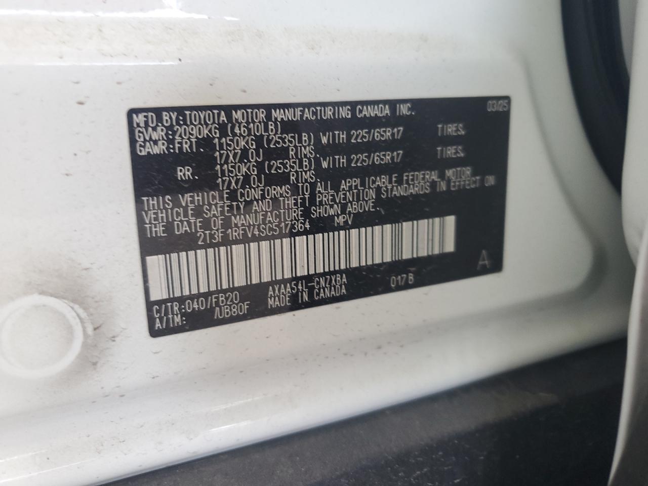 2025 Toyota Rav4 Le VIN: 2T3F1RFV4SC517364 Lot: 62402165