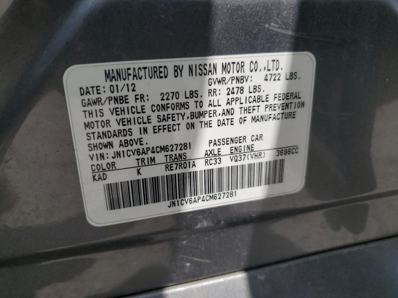 2012 Infiniti G37 Base VIN: JN1CV6AP4CM627281 Lot: 63109835