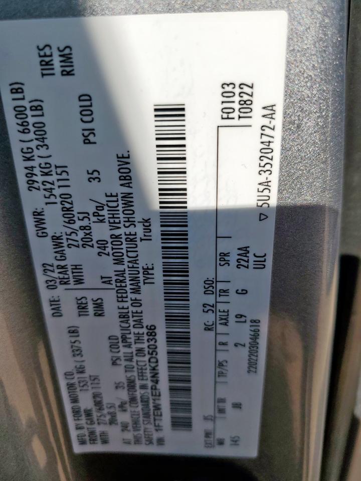 2022 Ford F150 Supercrew VIN: 1FTEW1EP4NKD50386 Lot: 60901245