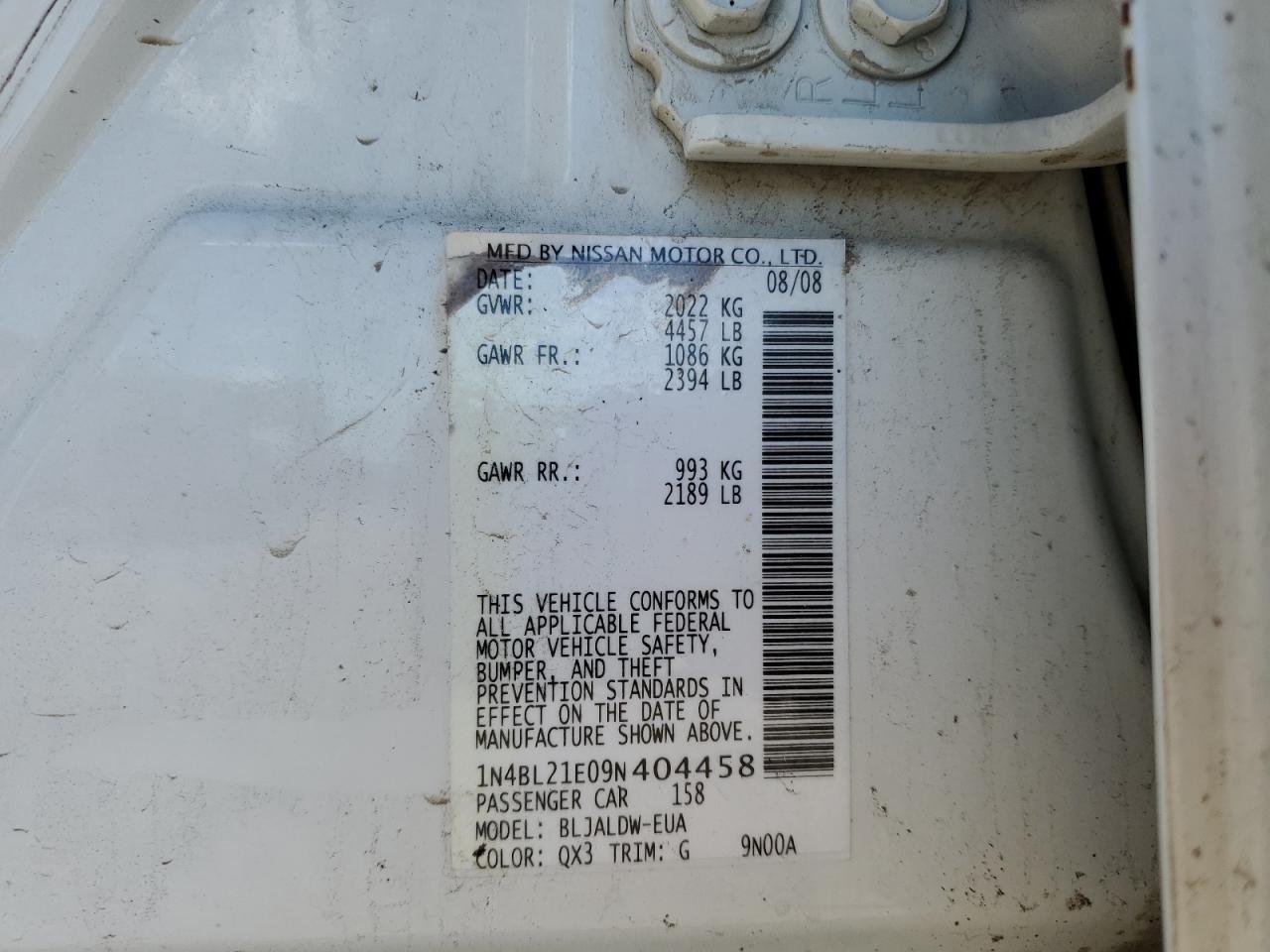 2009 Nissan Altima 3.5Se VIN: 1N4BL21E09N404458 Lot: 62679945