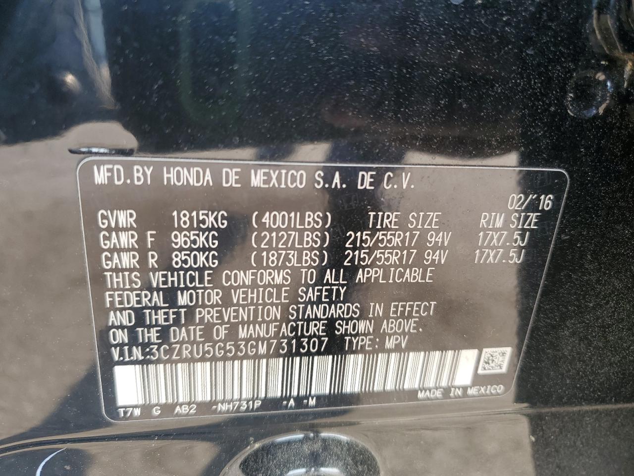 3CZRU5G53GM731307 HONDA HR-V 2016