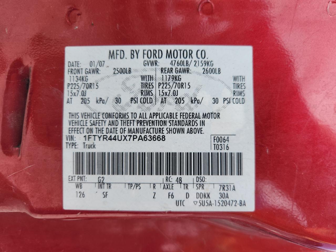 2007 Ford Ranger Super Cab VIN: 1FTYR44UX7PA63668 Lot: 61060985