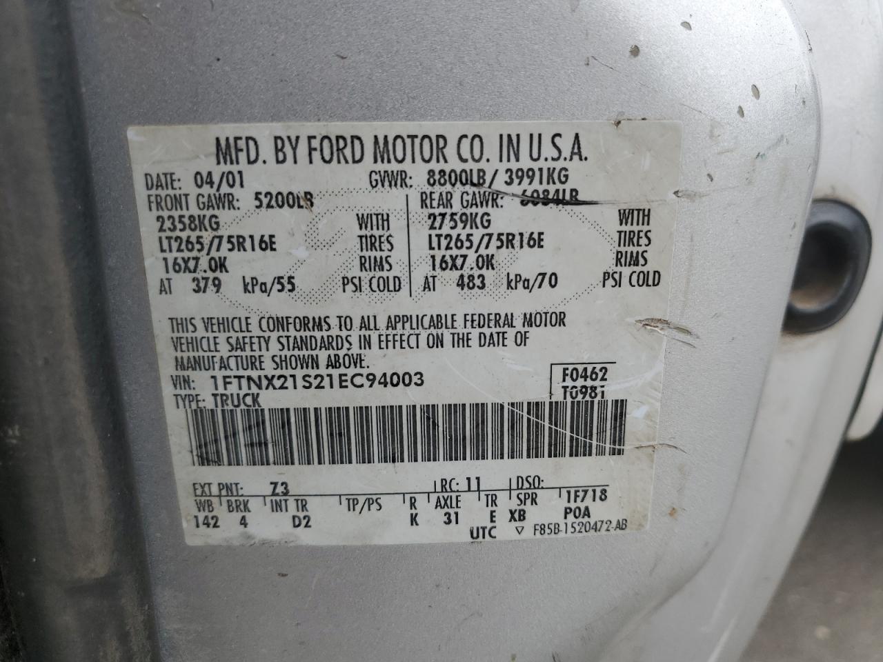 FORD F250 2001 VIN 1FTNX21S21EC94003 фото 14