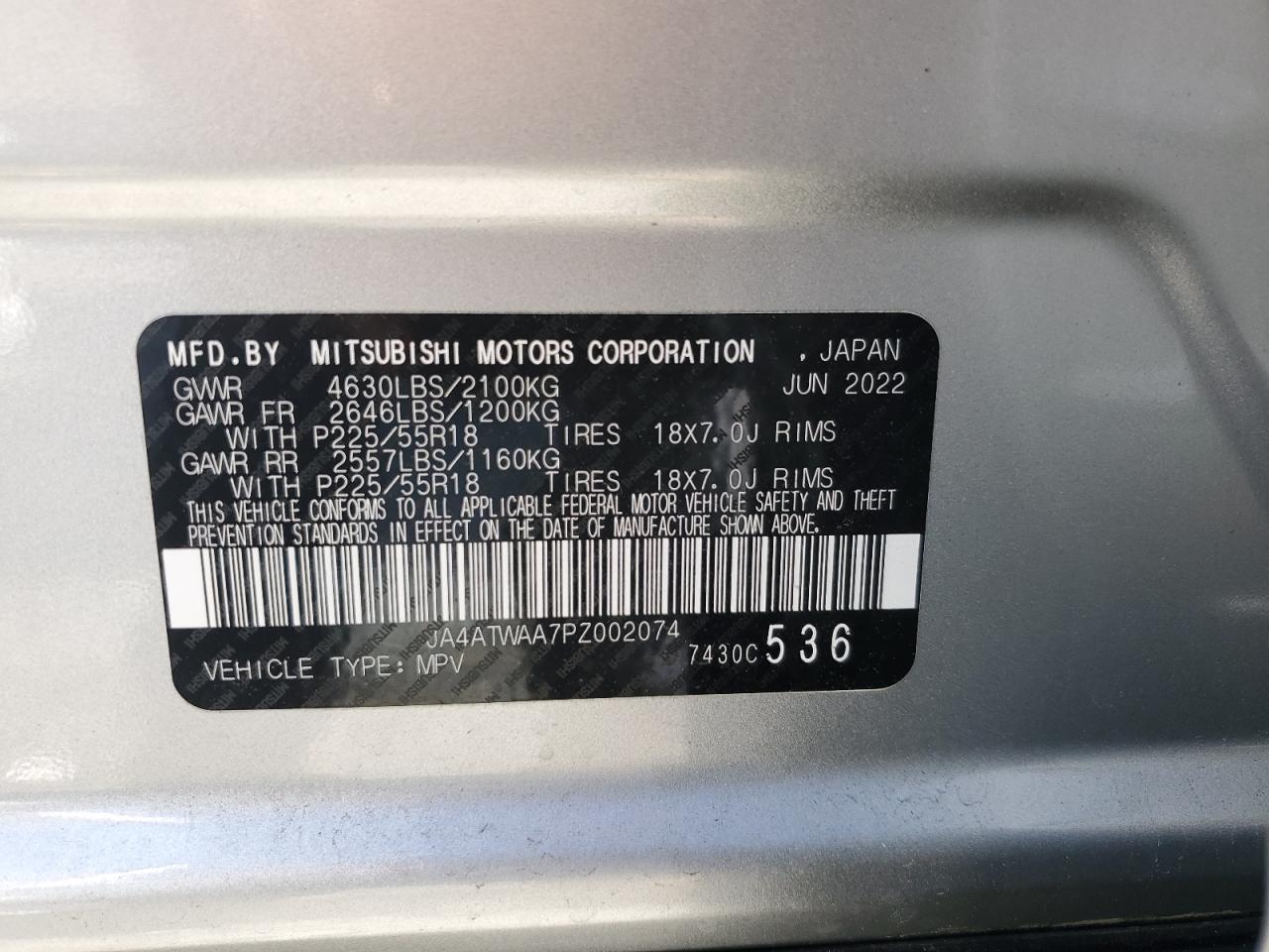 2023 Mitsubishi Eclipse Cross Se VIN: JA4ATWAA7PZ002074 Lot: 62300925