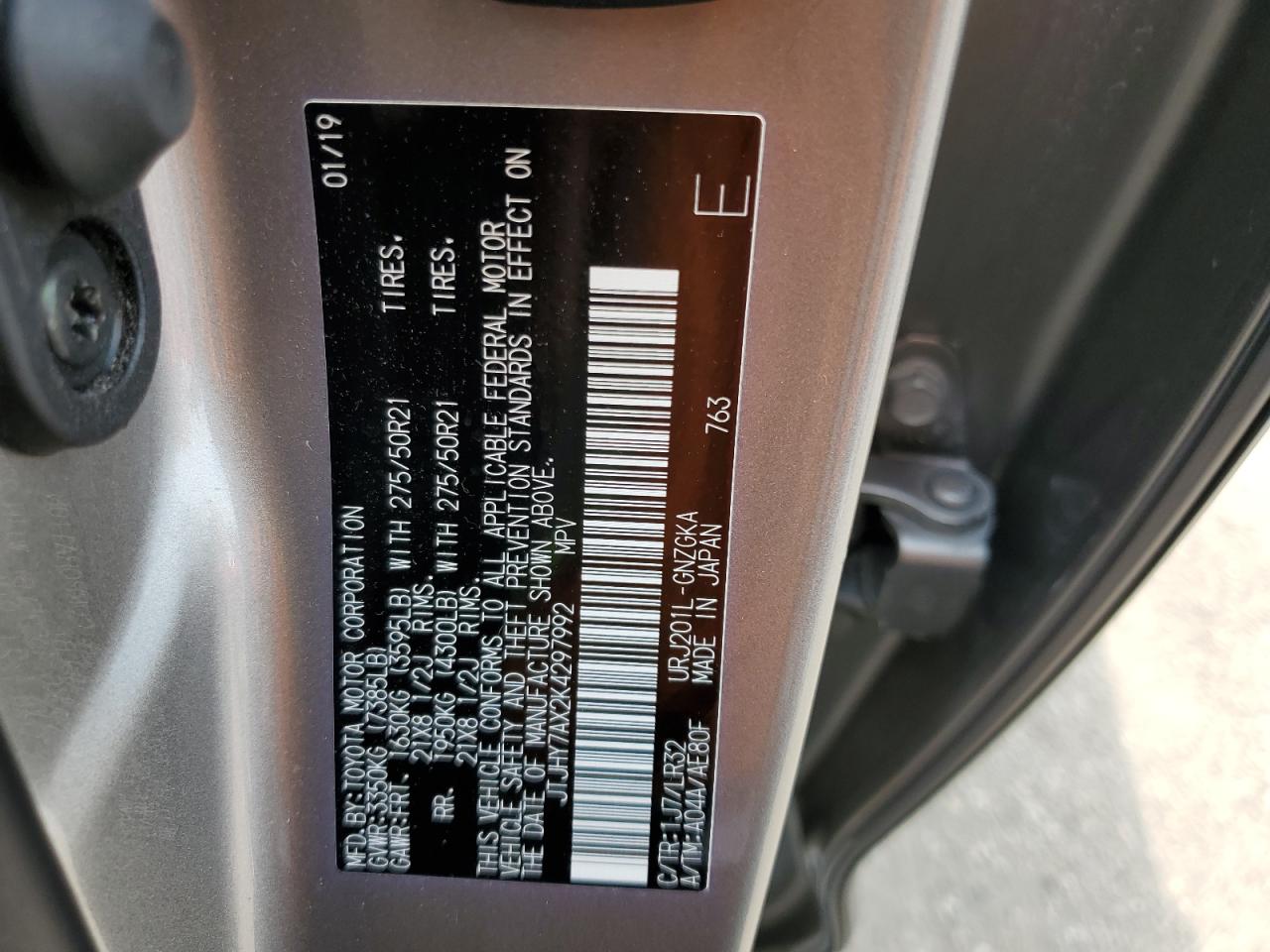 2019 Lexus Lx 570 VIN: JTJHY7AX2K4297992 Lot: 60508135