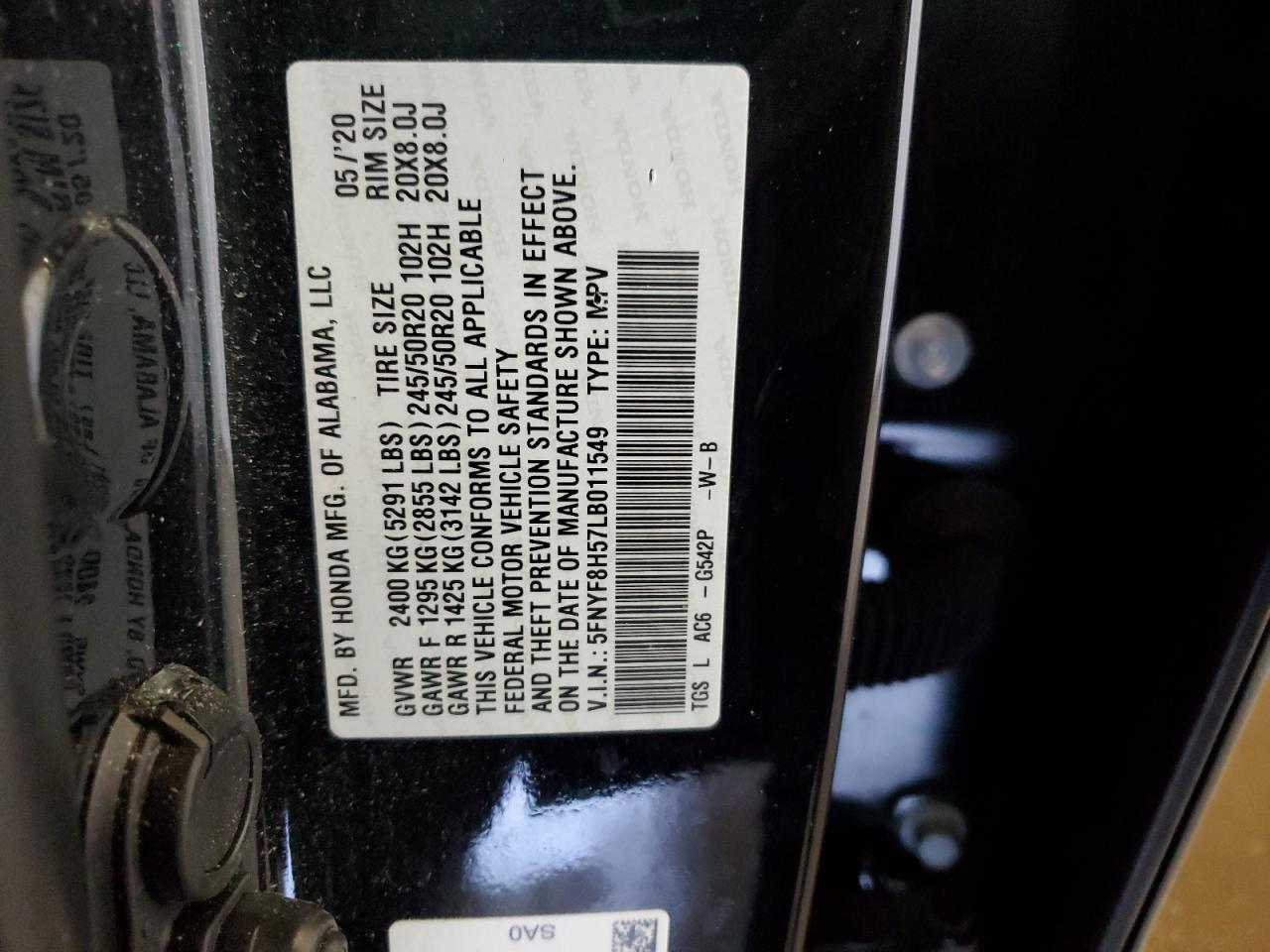 2020 Honda Passport Exl VIN: 5FNYF8H57LB011549 Lot: 59123735