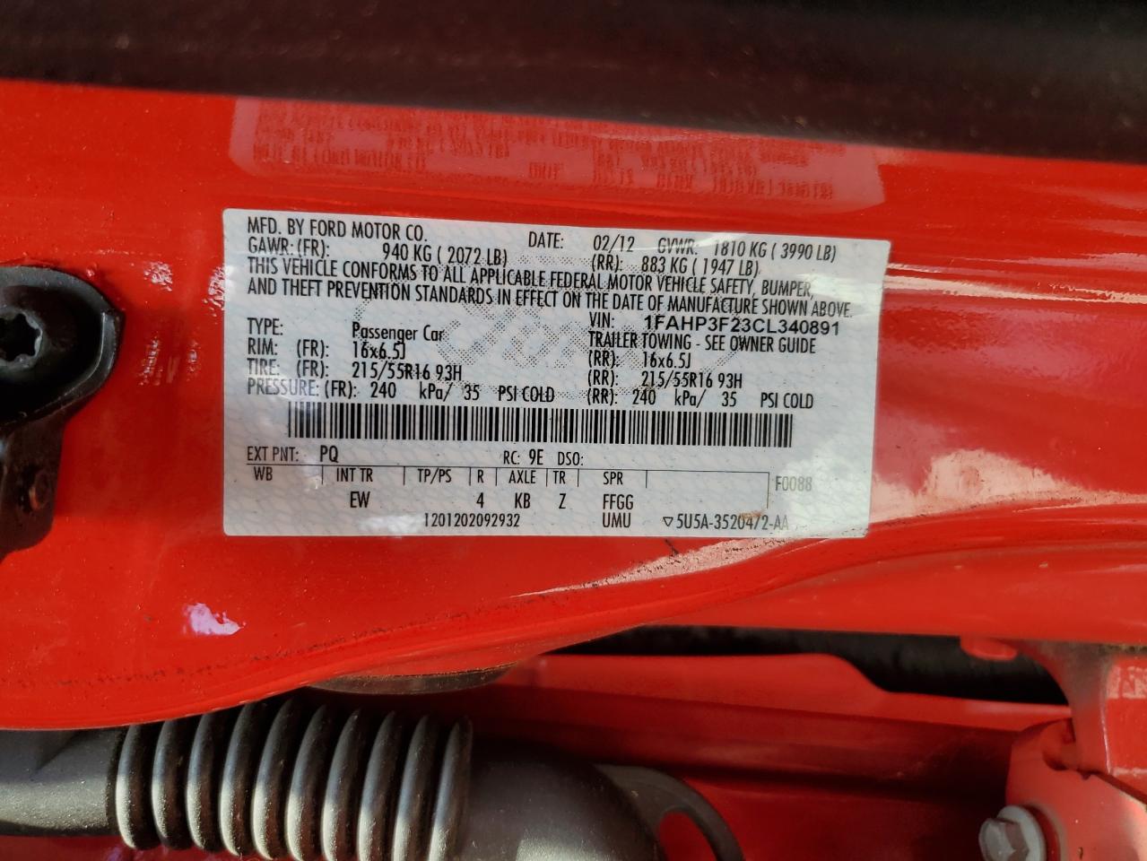 2012 Ford Focus Se VIN: 1FAHP3F23CL340891 Lot: 61818875