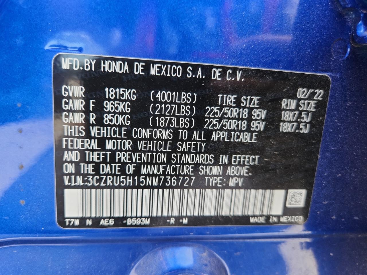 2022 Honda Hr-V Sport VIN: 3CZRU5H15NM736727 Lot: 62713435