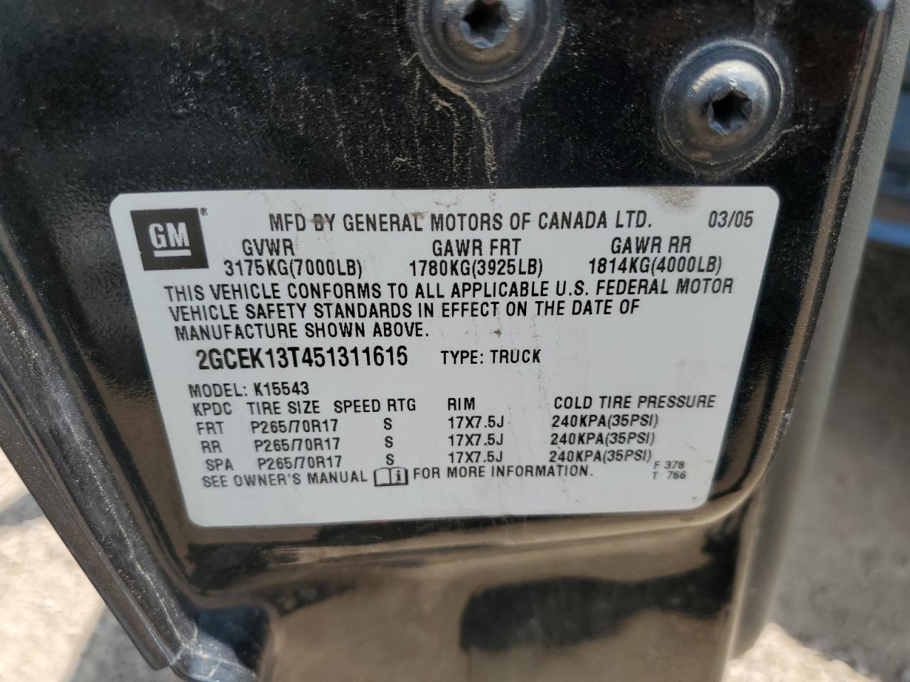 2005 Chevrolet Silverado K1500 VIN: 2GCEK13T451311616 Lot: 62492265