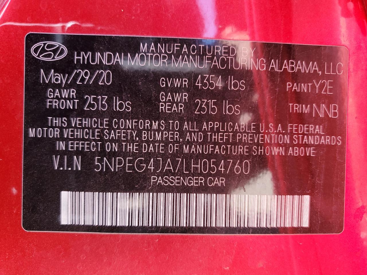 2020 Hyundai Sonata Se VIN: 5NPEG4JA7LH054760 Lot: 60178005