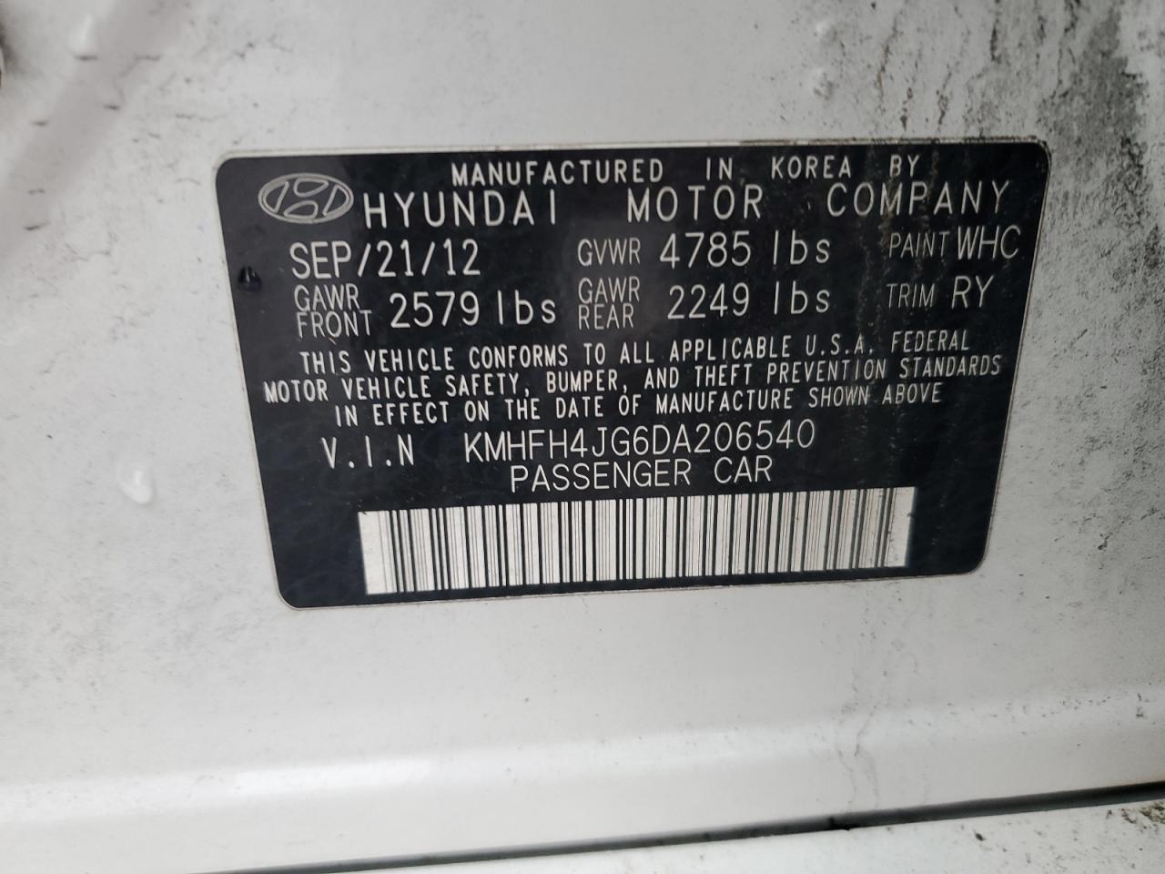 2013 Hyundai Azera Gls VIN: KMHFH4JG6DA206540 Lot: 59350095