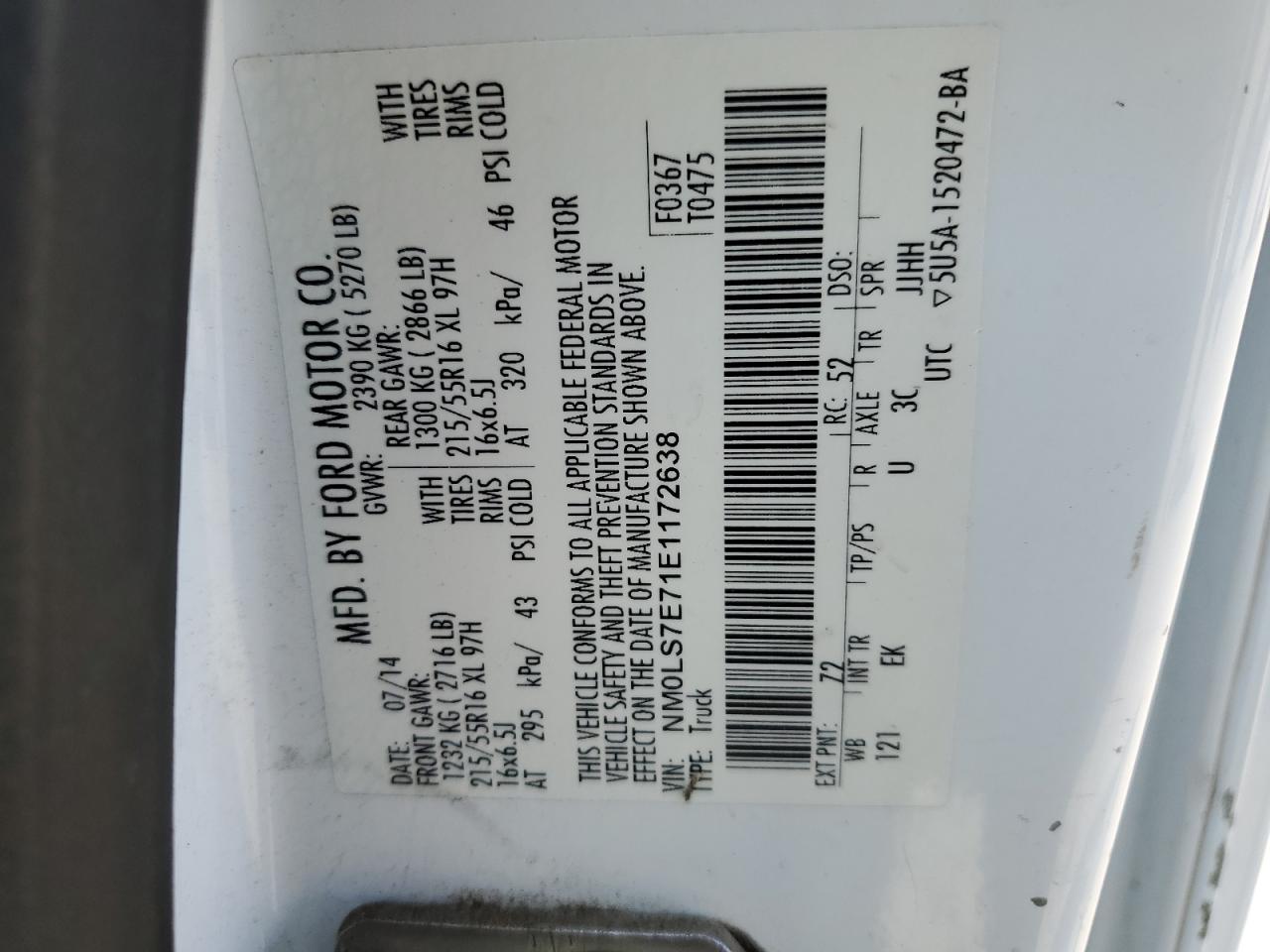 2014 Ford Transit Connect Xl VIN: NM0LS7E71E1172638 Lot: 59622495