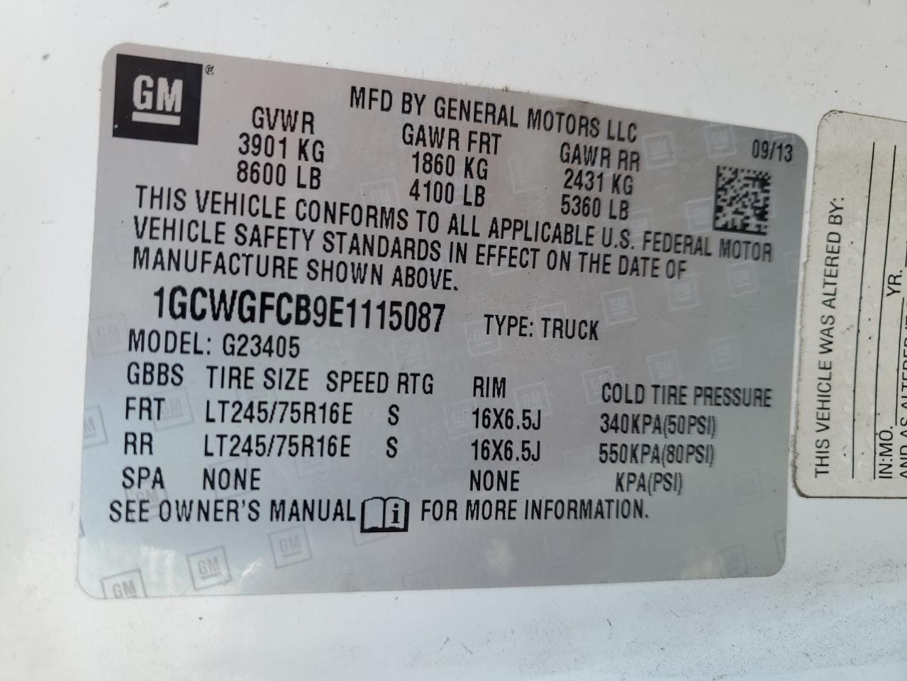 2014 Chevrolet Express G2500 VIN: 1GCWGFCB9E1115087 Lot: 61049035