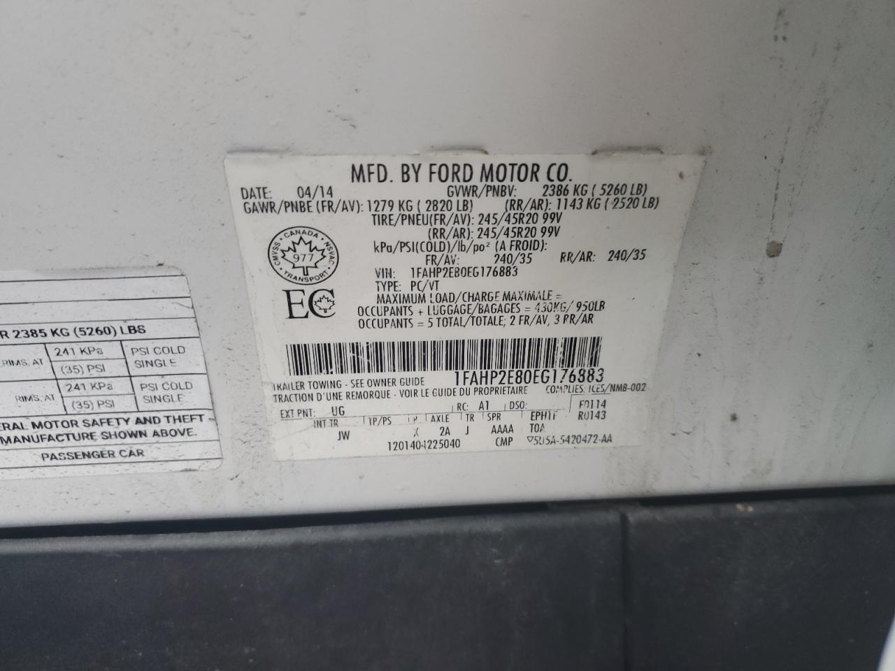 2014 Ford Taurus Sel VIN: 1FAHP2E80EG176883 Lot: 62225265