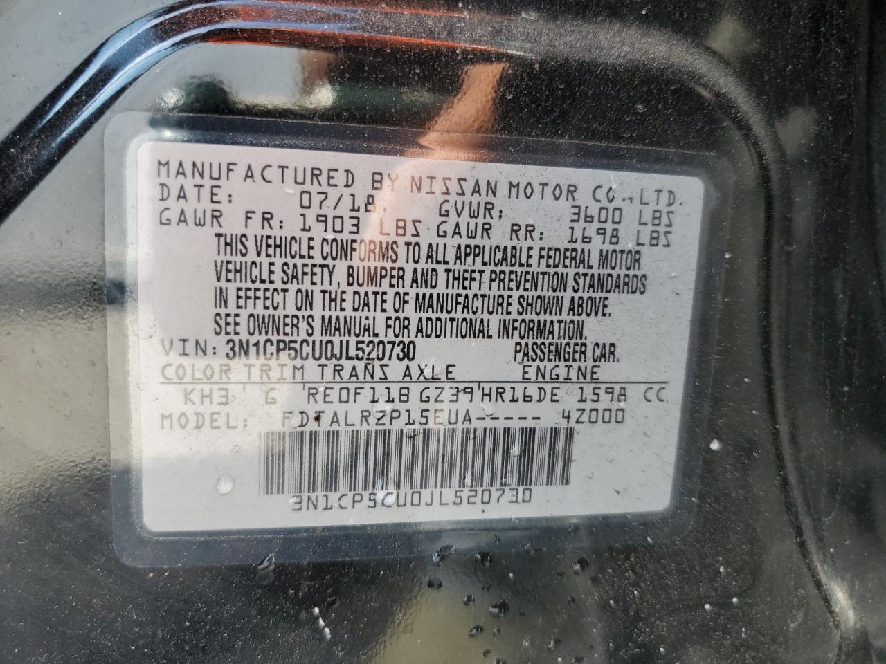 2018 Nissan Kicks S VIN: 3N1CP5CU0JL520730 Lot: 62984825