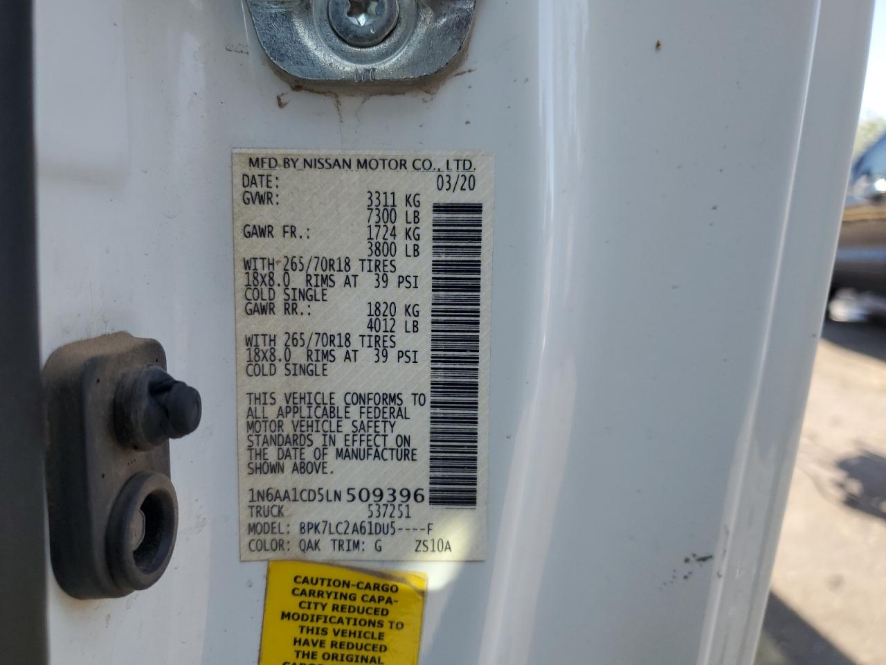 2020 Nissan Titan Sv VIN: 1N6AA1CD5LN509396 Lot: 57782715