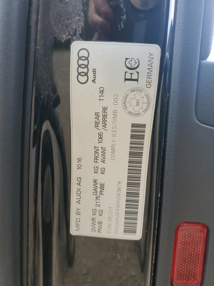 2017 Audi A4 Premium VIN: WAUANAF45HN043878 Lot: 61835095