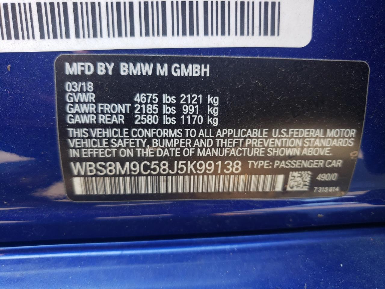 2018 BMW M3 VIN: WBS8M9C58J5K99138 Lot: 60116885