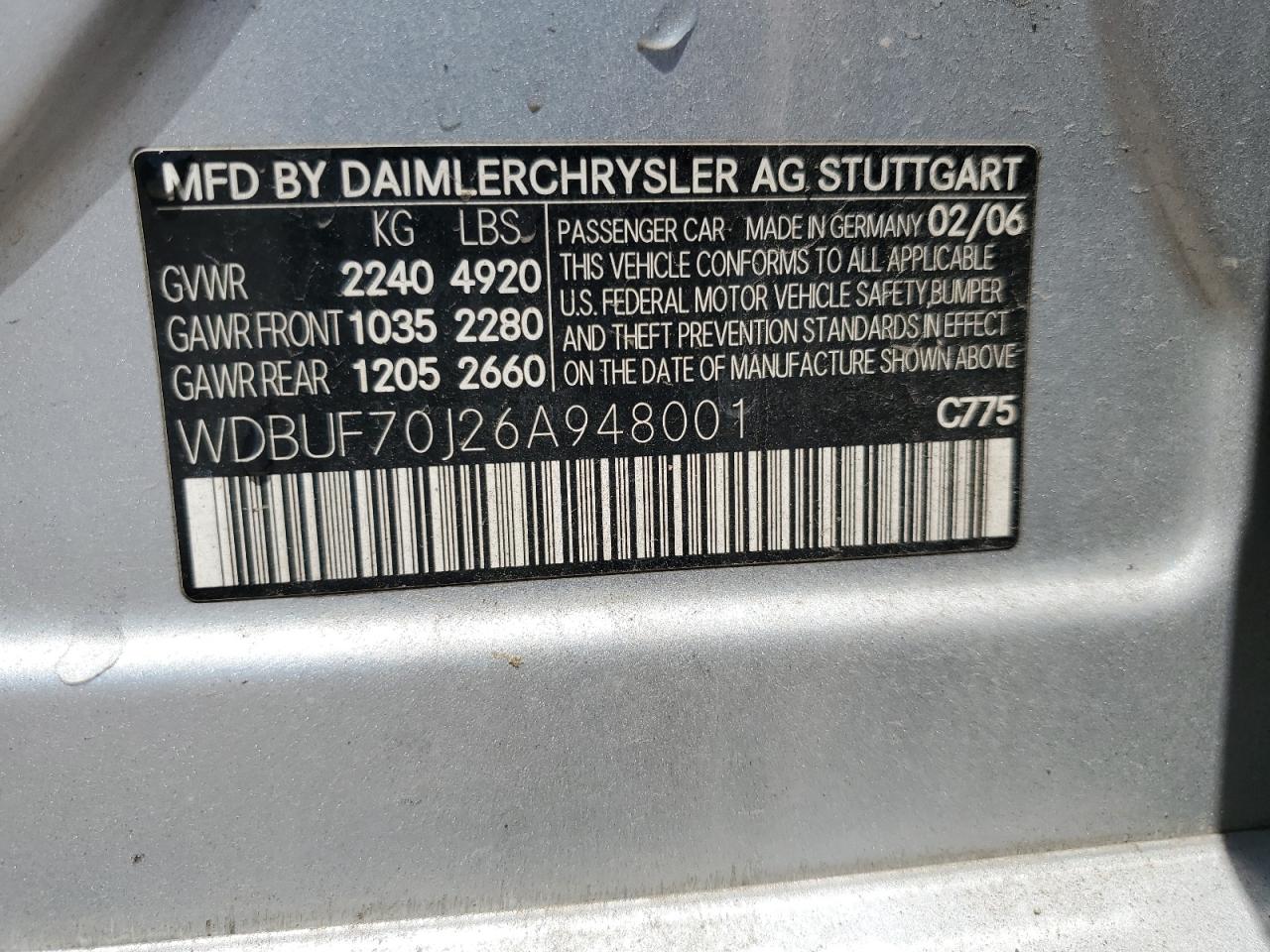 2006 Mercedes-Benz E 500 VIN: WDBUF70J26A948001 Lot: 61678885