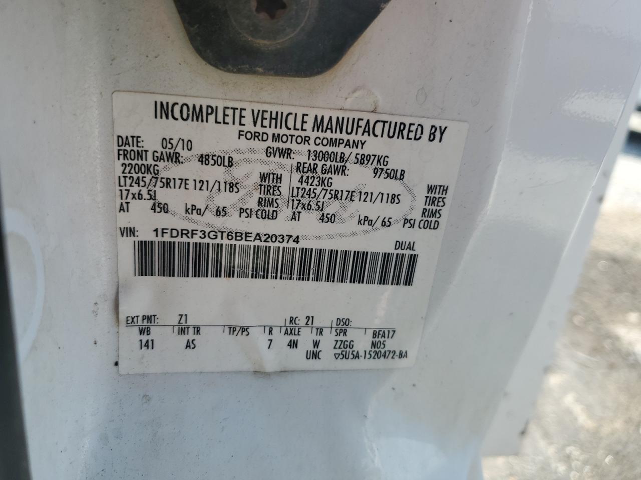 2011 Ford F350 Super Duty VIN: 1FDRF3GT6BEA20374 Lot: 62145035