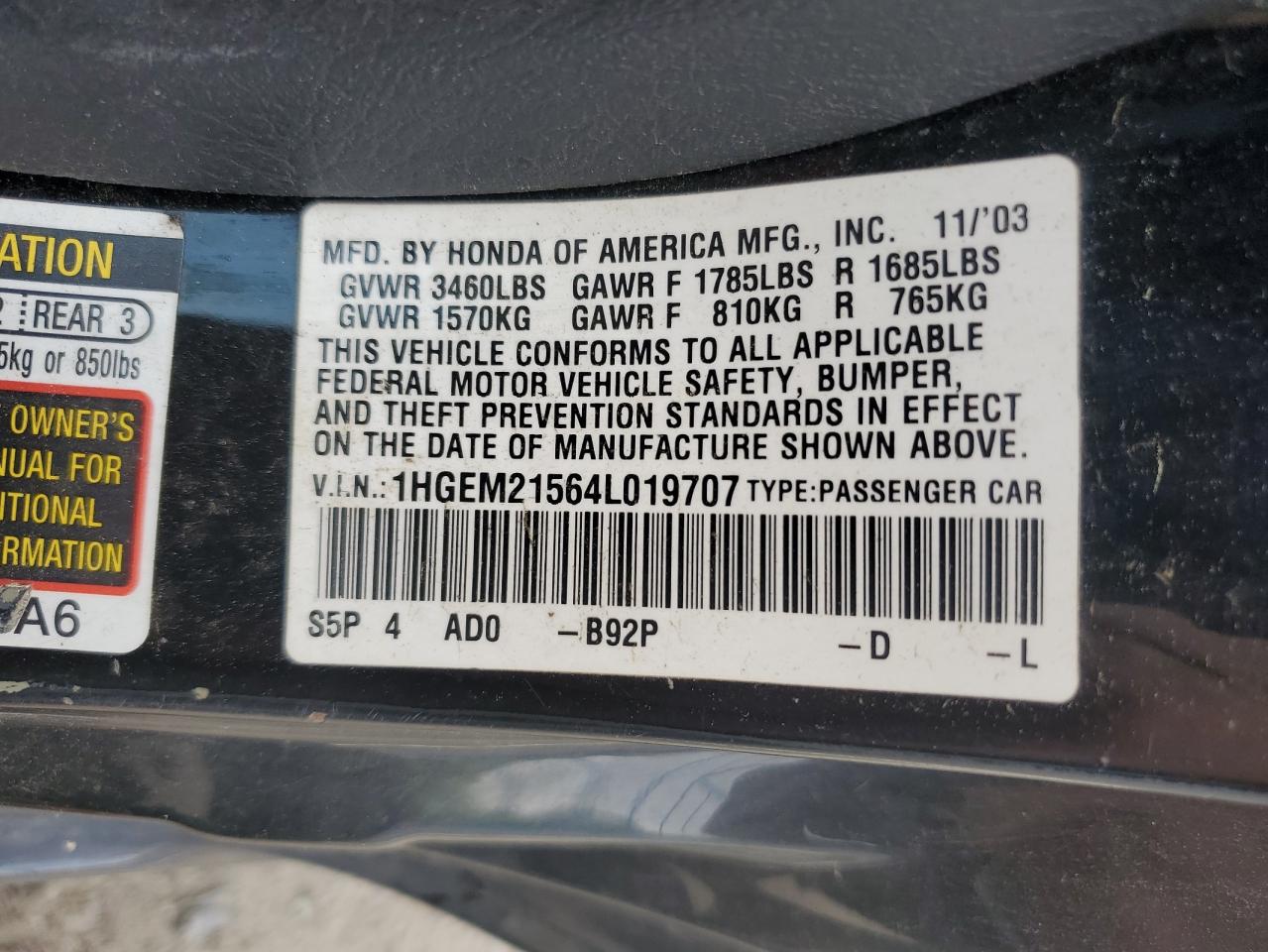 2004 Honda Civic Lx VIN: 1HGEM21564L019707 Lot: 60873875