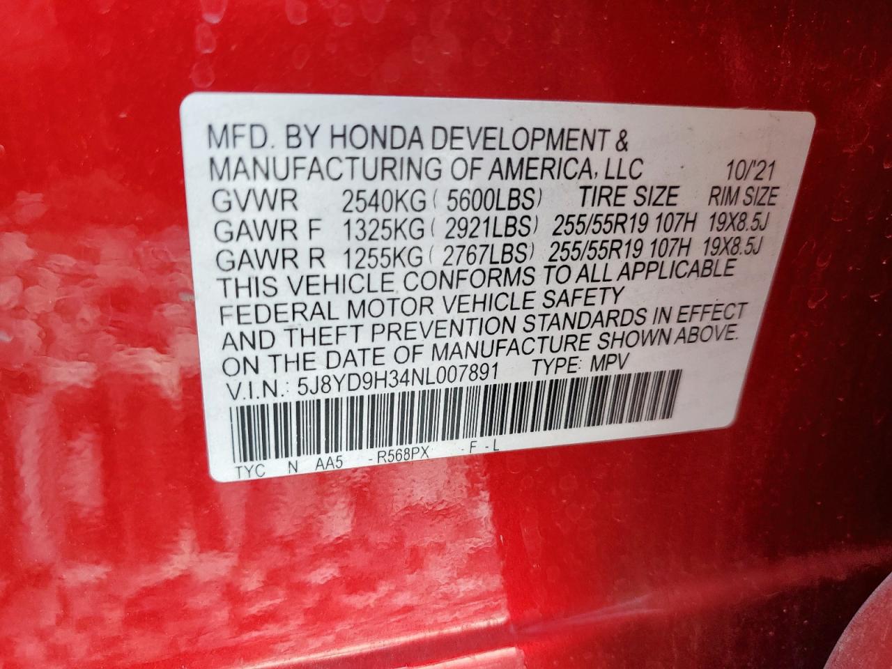 2022 Acura Mdx VIN: 5J8YD9H34NL007891 Lot: 61802515