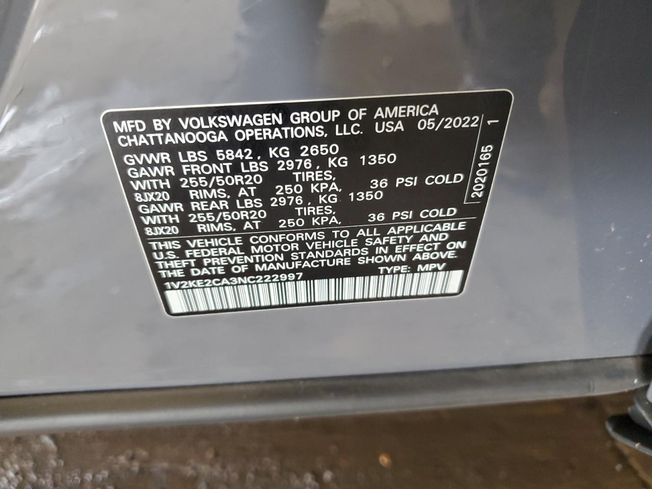 2022 Volkswagen Atlas Cross Sport Se VIN: 1V2KE2CA3NC222997 Lot: 62294275
