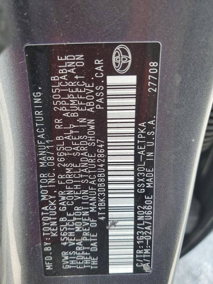2011 Toyota Avalon Base VIN: 4T1BK3DB8BU428647 Lot: 60460175