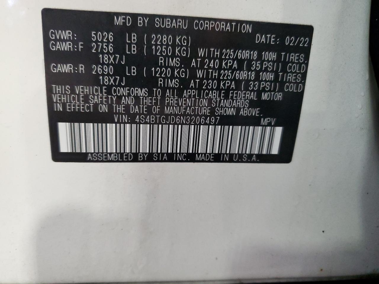 2022 Subaru Outback Onyx Edition Xt VIN: 4S4BTGJD6N3206497 Lot: 59954055