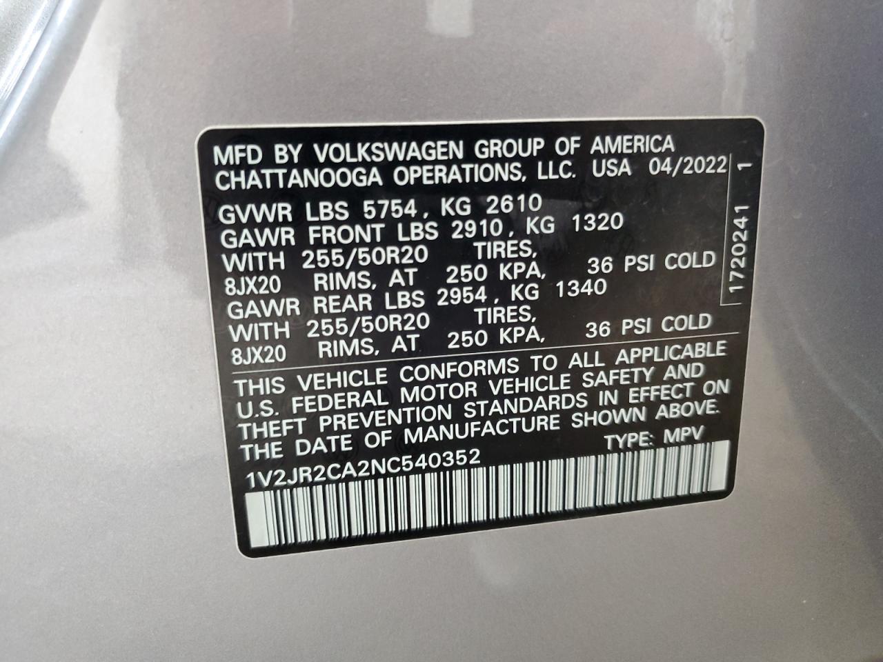 2022 Volkswagen Atlas Se VIN: 1V2JR2CA2NC540352 Lot: 61773935