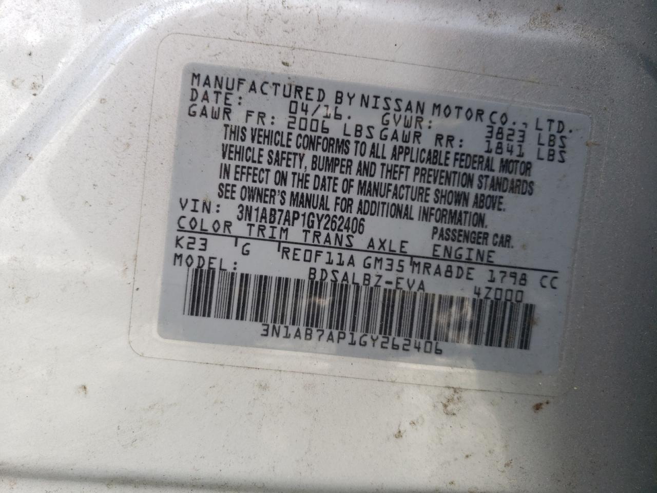 3N1AB7AP1GY262406 NISSAN SENTRA 2016