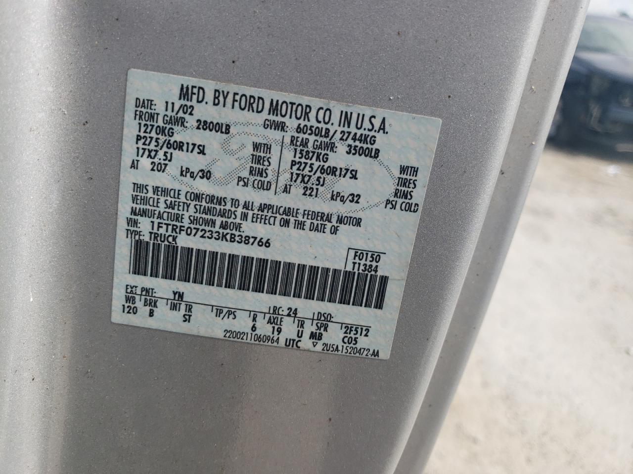 2003 Ford F150 VIN: 1FTRF07233KB38766 Lot: 60367375