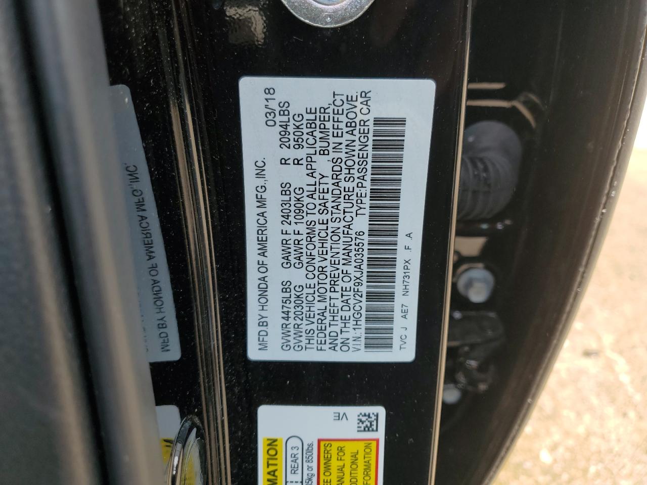 1HGCV2F9XJA035576 HONDA ACCORD 2018