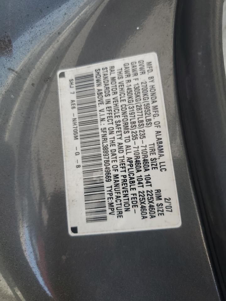 2007 Honda Odyssey Touring VIN: 5FNRL38897B049669 Lot: 61400715