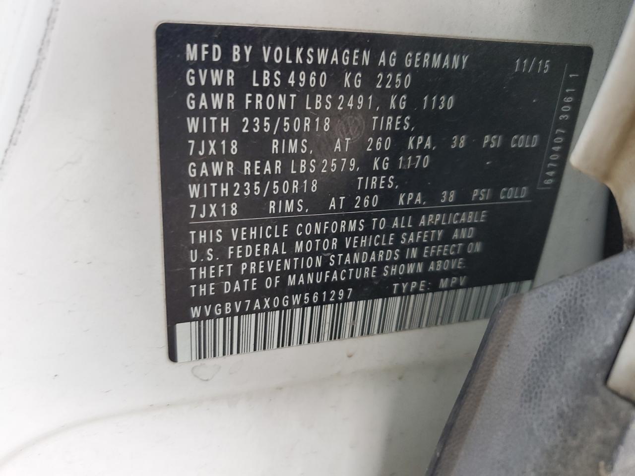 2016 Volkswagen Tiguan S VIN: WVGBV7AX0GW561297 Lot: 62961265