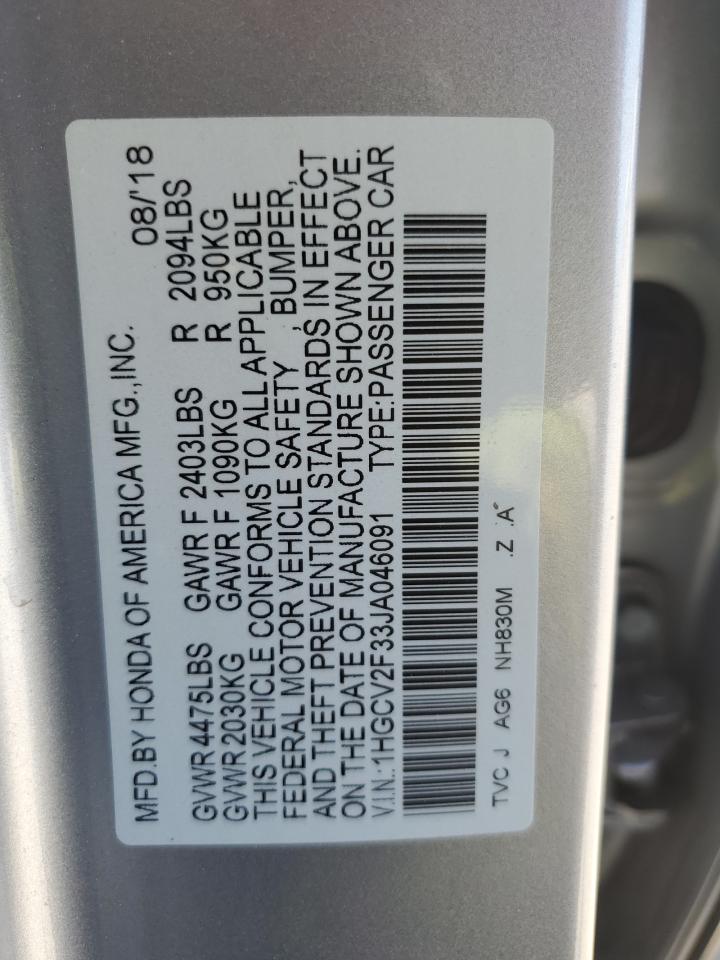 2018 Honda Accord Sport VIN: 1HGCV2F33JA046091 Lot: 63260805