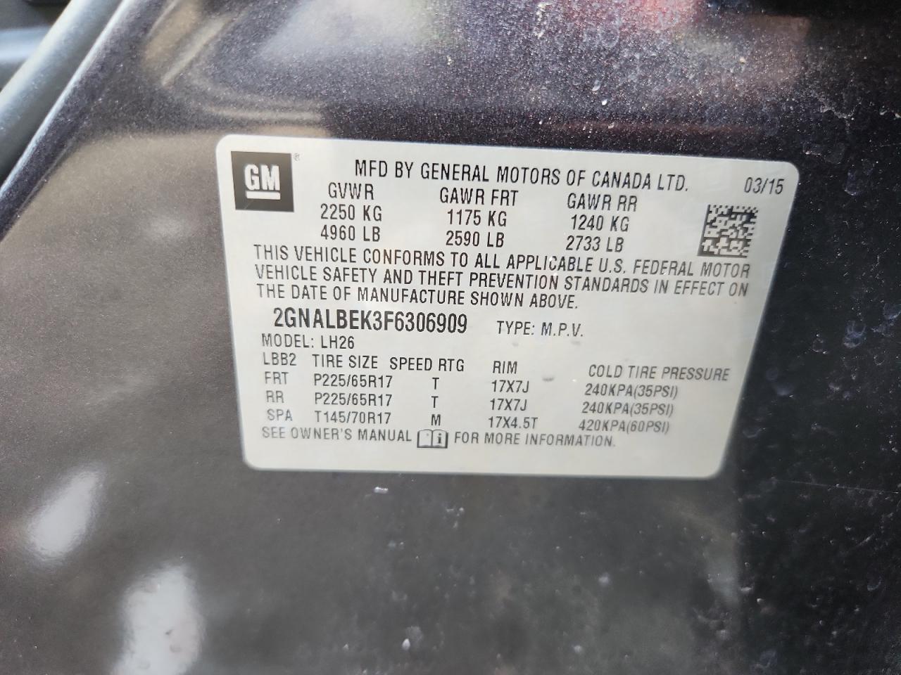 2015 Chevrolet Equinox Lt VIN: 2GNALBEK3F6306909 Lot: 62563145