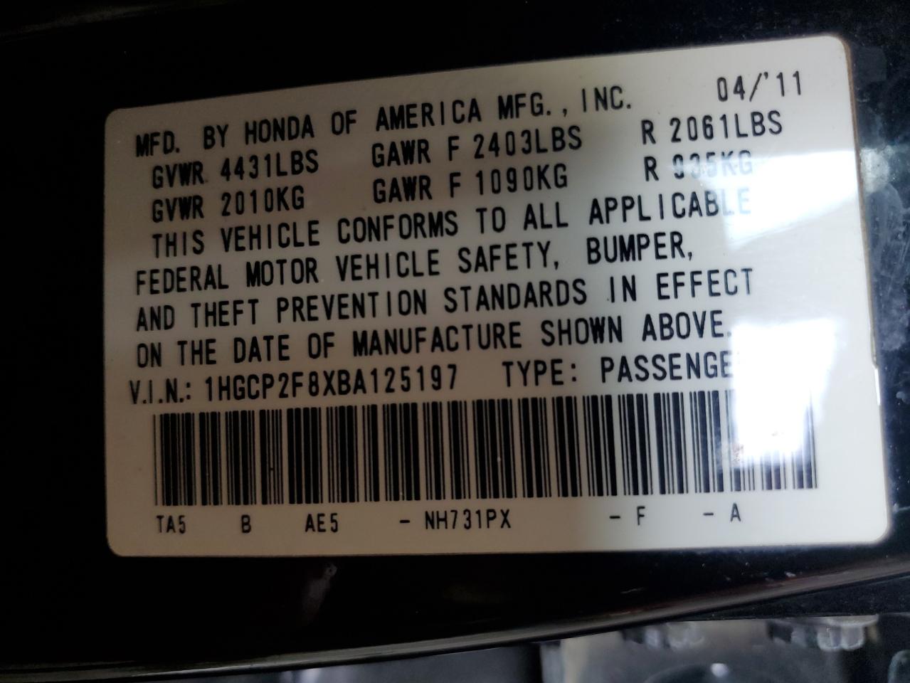 2011 Honda Accord Exl VIN: 1HGCP2F8XBA125197 Lot: 61403615